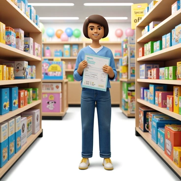 A parent with light skin and short brown hair stands inside a children's toy store. The parent is wearing a casual blue shirt and jeans. They are holding a large, colorful receipt that has playful designs on it, including cartoon characters and bright patterns. The store's shelves are filled with a variety of toys, including stuffed animals, action figures, and games. In the background, there is a display of colorful balloons and a sign highlighting special offers. The atmosphere is lively and vibrant, filled with the joy of shopping for children's toys.