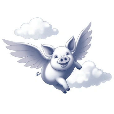 A pig with large, feathered wings is flying high in the sky. The pig has a joyful expression on its face, with its ears perked up and a wide smile. Fluffy clouds surround the pig, creating a soft, textured backdrop. The pig's body is round and plump, emphasizing its cheerful demeanor. Sunlight casts gentle shadows on the clouds, enhancing the three-dimensional look of the scene. The overall composition portrays a sense of freedom and happiness in the sky.