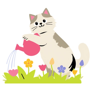 A ragdoll cat with fluffy white and grey fur is tending to a small garden filled with colorful flowers. The cat is standing on its hind legs, holding a bright red miniature watering can with its front paws. Various flowers in shades of pink, yellow, and purple are blooming around the cat, and green leaves and grass adorn the garden bed. The cat has a focused expression as it waters the flowers, creating droplets of water that sparkle in the sunlight.