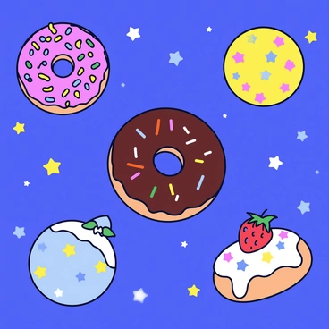 A vibrant universe filled with planets, each uniquely shaped like various types of doughnuts. One planet is a large chocolate-glazed doughnut sprinkled with colorful candy. Another planet resembles a classic round glazed doughnut, shining under the light of nearby stars. A third planet is a strawberry frosted doughnut, topped with white icing and delicious strawberries. Each doughnut planet floats in a deep blue space, surrounded by twinkling stars and a dusting of colorful sprinkles that resemble distant galaxies.