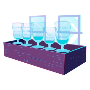 A rustic wooden bar shelf with a rich, dark finish, showing signs of age and wear. The shelf is filled with a row of vintage shot glasses, each with unique designs and patterns that reflect a bygone era. The shot glasses are varied in color, some featuring intricate engravings, while others are plain but elegant. Sunlight filters through a nearby window, casting soft shadows on the glasses, highlighting their glass textures and the craftsmanship of the shelf.
