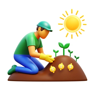 A person wearing gardening gloves is kneeling on the soil, planting small seeds. Surrounding the seeds are glowing dollar signs, symbolizing investment and growth. In the background, there are green sprouts beginning to emerge from the ground, indicating the potential for future growth and prosperity. The sunlight is shining down brightly, illuminating the scene and enhancing the feeling of optimism.