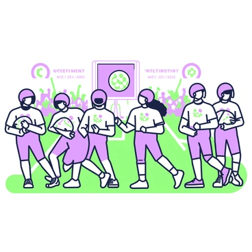 A sports team is gathered on a field, wearing uniforms that feature intricate designs inspired by bacteriophage motifs. Each uniform is primarily featuring a striking pattern of bacteriophage shapes in various orientations. The players are engaged in a warm-up activity, stretching and jogging. Their helmets carry the same bacteriophage designs, and some players are holding a ball imprinted with similar motifs. In the background, a scoreboard displays the team’s logo, and a crowd is visible, cheering enthusiastically.