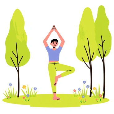 A figure in a yoga tree pose is centered in a forest clearing. The figure has a peaceful expression, with arms raised and one leg bent, resting against the opposite thigh. Surrounding the figure are tall, green trees with sunlight filtering through the leaves, casting dappled shadows on the ground. The clearing is filled with vibrant green grass and scattered wildflowers in various colors. A gentle breeze can be imagined, creating a sense of tranquility in the scene.