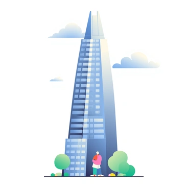 A person is standing at the base of a towering skyscraper, looking up. The skyscraper is made of reflective glass and steel, with a sleek and modern design. The building's various floors are visible, showcasing a series of large windows that catch the sunlight. Surrounding the base of the skyscraper, there are a few small trees with green leaves and some neatly arranged flower beds. The sky above is a bright blue with a few fluffy white clouds drifting by. The person appears small in comparison to the immense height of the building, emphasizing its grandeur.