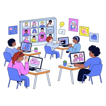 A virtual classroom scene displaying multiple students participating in a video call. Each student is seated at their own desk, focused on their computer screens as they learn Adobe Illustrator. The students are engaged in creating different digital art pieces, showcasing a variety of styles and colors. Their desks are equipped with drawing tablets, and some have sketchbooks and art supplies nearby. The background of each student’s workspace reflects their personal taste, with colorful posters and plants enhancing the atmosphere of creativity. The video call interface shows each student's camera feed in a grid layout.