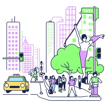An athlete is performing a flagpole pose on a street sign in a bustling city. The athlete is in an upright position with one arm gripping the sign and the body extended horizontally, showcasing strength and balance. Below, a busy street is filled with pedestrians, some looking up in admiration. Nearby, a yellow taxi is waiting at a traffic light, and tall buildings line the background, with windows reflecting the sunlight. A colorful street performer can be seen entertaining a small crowd on the sidewalk.