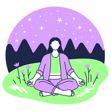 A person is seated cross-legged on the ground in a quiet meadow. They have long hair and are wearing comfortable, loose-fitting clothing. Above them, the night sky is filled with numerous stars, creating a glowing backdrop. The meadow is dotted with soft grass and a few wildflowers, adding texture to the scene. The person has their hands resting on their knees, with their palms facing upward, and their eyes are gently closed in concentration. In the distance, a silhouette of trees can be seen against the starry sky.