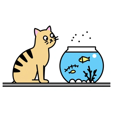 A tabby cat with orange and black stripes is sitting on a wooden table. The cat has wide eyes, filled with curiosity, as it peers into a round glass fishbowl. Inside the fishbowl, colorful tropical fish swim around, creating a lively scene. The light reflects off the glass, casting soft shadows on the surface of the table. There are a few pebbles at the bottom of the fishbowl, adding to the underwater environment.