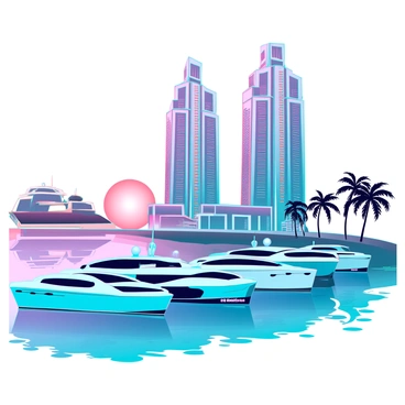 A scenic marina with various yachts docked along the water. The yachts are of different sizes, featuring sleek designs and vibrant colors. In the background, there are tall buildings displaying intricate Art Deco architecture, characterized by geometric shapes, bold colors, and elegant details. The sun is setting, casting a warm golden light over the scene, with reflections shimmering on the water. There are a few palm trees scattered around, adding a tropical touch to the environment.
