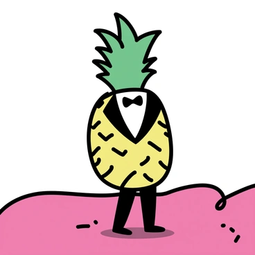 A pineapple dressed in a tuxedo and bow tie, standing on a red carpet