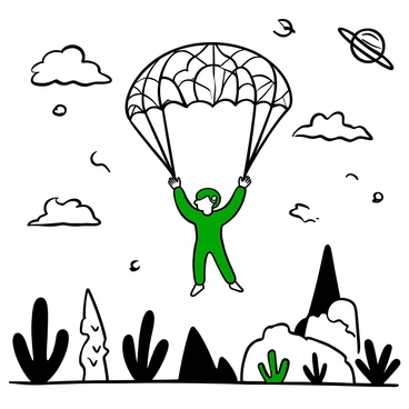 A small green creature wearing a jumpsuit is skydiving with a parachute opened above an alien landscape. The ground below is filled with unusual rock formations and strange plants. The sky is filled with distant, colorful planets and unusual clouds. The creature's parachute is detailed with intricate patterns. The scene captures the moment of descent, with the creature hovering above the alien terrain.
