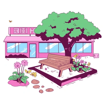 A small garden area in front of a motel features vibrant blooming flowers in various colors, including pink and yellow. There is a simple wooden bench situated under the shade of a leafy tree, providing a cozy spot to relax. The ground is covered with neatly arranged stones, and a few butterflies can be seen fluttering among the flowers. The motel in the background has a welcoming facade, with large windows reflecting the sunlight.