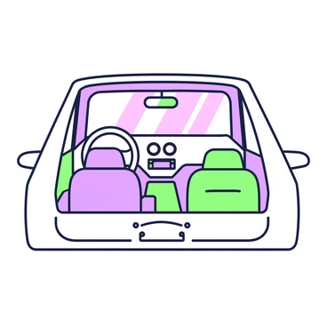 A white car's cabin is illuminated by soft ambient lighting that casts a warm glow throughout the space. The dashboard features smoothly contoured shapes, and the steering wheel is adorned with sleek controls. The seats are upholstered in a textured fabric, providing comfort. There are decorative elements positioned on the dashboard, adding to the refined atmosphere. The windows show a glimpse of the outside world, creating a contrast with the inviting light inside.