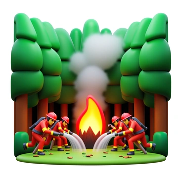 A group of firefighters in bright red uniforms is working together to extinguish a fire in a dense forest. The firefighters are using hoses, spraying water onto large flames that are rising from the ground among the trees. Smoke is billowing into the air, creating a dramatic contrast with the vibrant green of the forest. The firefighters are focused and determined, with some crouching down and others standing tall while aiming their hoses. The surrounding trees are thick and lush, while the ground is scattered with fallen leaves and small branches.