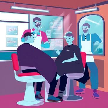 A classic barbershop with a warm wood interior and vintage barber chairs. A barber, a middle-aged man with a neatly trimmed beard and wearing a white apron, is skillfully using scissors to give a stylish haircut to a young man in the chair. The customer has a relaxed expression, with short brown hair and is wearing a black cape. Mirrors line the walls, reflecting the bustling atmosphere and retro decor, including old-fashioned posters and barber tools. Sunlight streams through the window, illuminating the scene.