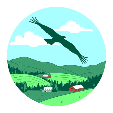 A teal turkey vulture is soaring gracefully in the sky, its wings fully extended. Below, a green pastoral farm landscape spreads out, featuring rolling hills and patches of cultivated fields. There are a few white farmhouses scattered across the land, along with a red barn nestled among the trees. The sky is dotted with fluffy white clouds, creating a sense of depth above the serene countryside. The vulture's sharp silhouette contrasts with the vibrant colors of the landscape below.