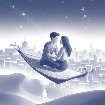 A young couple sits closely together on a magic carpet as it glides through the air. The carpet is adorned with intricate patterns, and the couple appears relaxed and joyful. Below them, a sprawling desert city is illuminated with soft light, showcasing buildings with unique, exotic shapes and domes that suggest a rich architectural heritage. The city is surrounded by rolling sand dunes, creating a contrast between the urban lights and the vast, open desert. Above, a starry sky is filled with countless twinkling stars, casting a gentle glow over the scene.