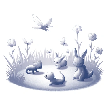 A sunlit garden features a variety of magical pets interacting playfully. In the foreground, a small creature with shimmering fur hops across the grass, while another pet with delicate wings flutters above. A third pet, resembling a miniature dragon, is curled up near a flower, its scales glistening in the sunlight. Nearby, a fluffy animal with oversized ears is chasing a butterfly, while a tiny, glowing creature watches them with curiosity. The scene is filled with vivid textures of grass, flowers, and the distinctive characteristics of each pet, creating a lively atmosphere.