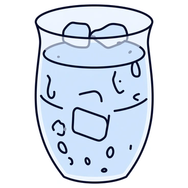 A clear glass filled with ice cubes. The ice cubes are various sizes, some are larger and others are smaller, with water droplets forming on their surfaces. The glass has condensation on the outside, with droplets of water running down its sides. The background is a simple color, allowing the focus to be on the glass and the melting ice cubes.
