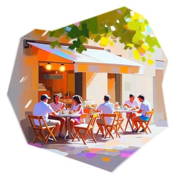 A cozy street café located in a Mallorca village, with rustic wooden tables and chairs arranged outside under a canopy of vibrant green leaves. The scene includes several people sitting and enjoying their coffee, some engaged in conversation, while others are savoring pastries. A small display of colorful pastries is visible on the café counter, enticing passersby. The village architecture features stone buildings with terracotta roofs, adding to the charm of the setting. Sunlight filters through the leaves, casting dappled shadows on the cobblestone street.