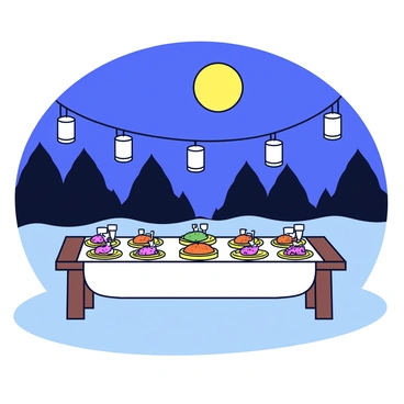 A long banquet table made of dark wood, set in a grassy clearing surrounded by trees. The table is covered with a white tablecloth, elegantly draped down to the ground. Centered on the table are several golden plates, each topped with steaming dishes of vibrant food. Delicate glassware sparkles beside each plate. Throughout the table, there are small white lanterns hanging from thin strings, casting a soft glow. The night sky above is clear, with a bright full moon illuminating the scene.