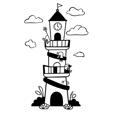 A tall, whimsical clock tower with intricate designs and multiple levels. Each window of the clock tower features a gnome, dressed in colorful clothing, peering out to check the time. The clock face is prominently displayed at the top, with visible gears and hands. Surrounding the base of the tower, there are small flowers and shrubs that add to the playful atmosphere. The sky is filled with fluffy clouds, providing a cheerful backdrop to the scene.