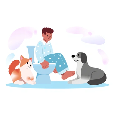 A child is sitting on a potty, looking content. The child is wearing colorful pajamas with cheerful patterns. Next to the child, a fluffy pet cat with orange and white fur is sitting, its tail curled around its paws, observing intently. Beside the cat, a friendly dog with a shiny coat is lying down, gazing at the child with interest. The background features soft, gradient pastel colors that enhance the cozy atmosphere of the scene.