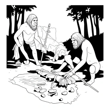 A group of Neanderthals is gathered in a forested area as the dawn light begins to filter through the trees. Three Neanderthals stand together, one of them holding a wooden spear, looking intently into the distance. Another Neanderthal is crouching, carefully tying a leather strap around a bundle of sharpened stones. The third is inspecting a large piece of animal hide spread out on the ground, which contains various tools and equipment for the hunt. Tall trees surround the group, and the soft light of dawn casts long shadows on the forest floor. In the background, the silhouettes of more trees create depth, enhancing the sense of an early morning hunt preparation.