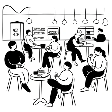 A crowded café interior filled with various tables and chairs. Several customers are seated at those tables, each engrossed in sketching in their notebooks. One individual has a stack of sketchbooks beside them and is using a pencil with focused intent. Another customer is leaning over their table to capture a detailed drawing of a coffee cup. A barista is seen in the background, preparing drinks at the counter. Various light fixtures hang from the ceiling, casting shadows across the room. A display case with pastries is visible, adding to the busy atmosphere.