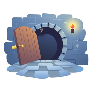 A medieval dungeon with stone walls and dim lighting is depicted. In the center of the scene, a wooden trapdoor is suddenly opening, its creaky hinges visible. The trapdoor reveals a dark secret room below, with faint shadows indicating hidden treasures and ancient artifacts. A few scattered cobwebs hang from the edges of the opening, adding to the atmosphere. The floor around the trapdoor is made of uneven cobblestones, with a small flickering torch mounted on the wall casting light across the scene.