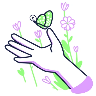 A giant hand is extended forward, palm up, displaying intricate details of its skin texture and creases. Perched delicately on the tips of the fingers is a butterfly, its wings fully extended, showcasing a pattern of spots and lines. Surrounding the hand, there are several small flowers with soft petals that appear to be gently swaying. The scene conveys a sense of connection and growth, highlighting the delicate interaction between the butterfly and the hand, illustrating the theme of small acts of kindness spreading.