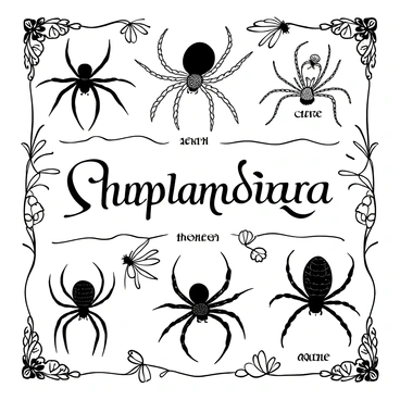 A collection of detailed spider illustrations arranged on a page, each species labeled with its name in elegant script. The spiders are depicted in various poses, showcasing their unique features, such as long legs, intricate webs, and distinctive markings on their bodies. Surrounding the spiders are delicate botanical elements, including leaves and flowers, adding to the natural setting. The entire composition is presented as if it were from a vintage naturalist's book, with an ornate border framing the illustrations.