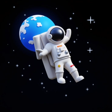 An astronaut in a space suit is floating in the blackness of space. "Earth" is visible in the background, showing its blue oceans and white clouds. Distant stars are scattered across the scene, twinkling like tiny diamonds. The astronaut's suit is detailed, featuring various patches and equipment attached to it, reflecting light from the surrounding stars. The overall composition emphasizes the vastness of space and the isolation of the astronaut.