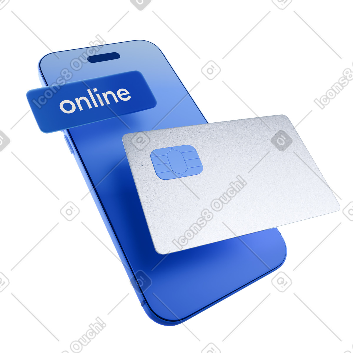 Ilustración animada Teléfono móvil con tarjeta bancaria, banca en línea, pago digital estilo 3D Blueprint a descargar GIF, Lottie (JSON), AE