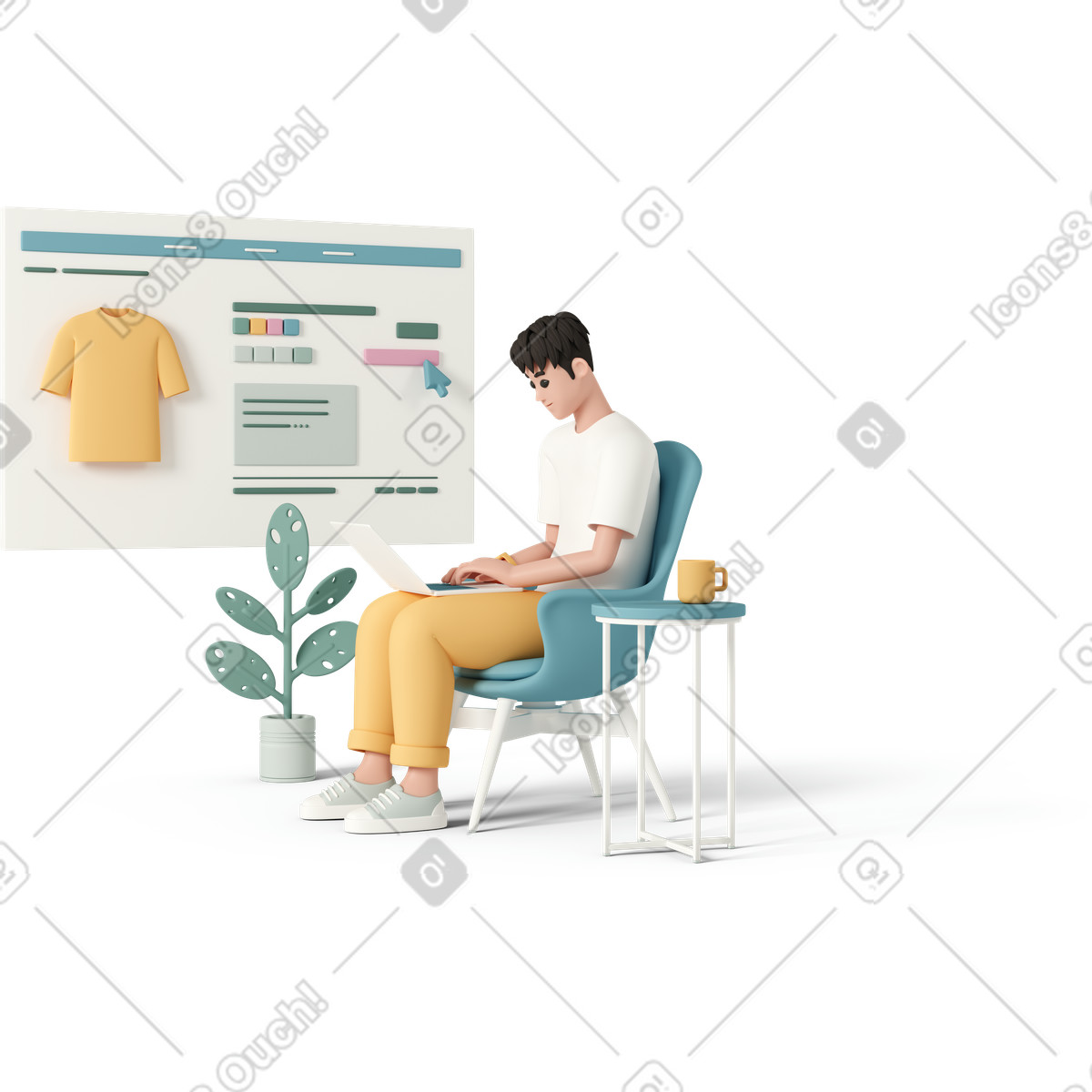 下载 3D Casual life 风格的 Man with laptop on background of web page online store 插画，支持 PNG、SVG 格式