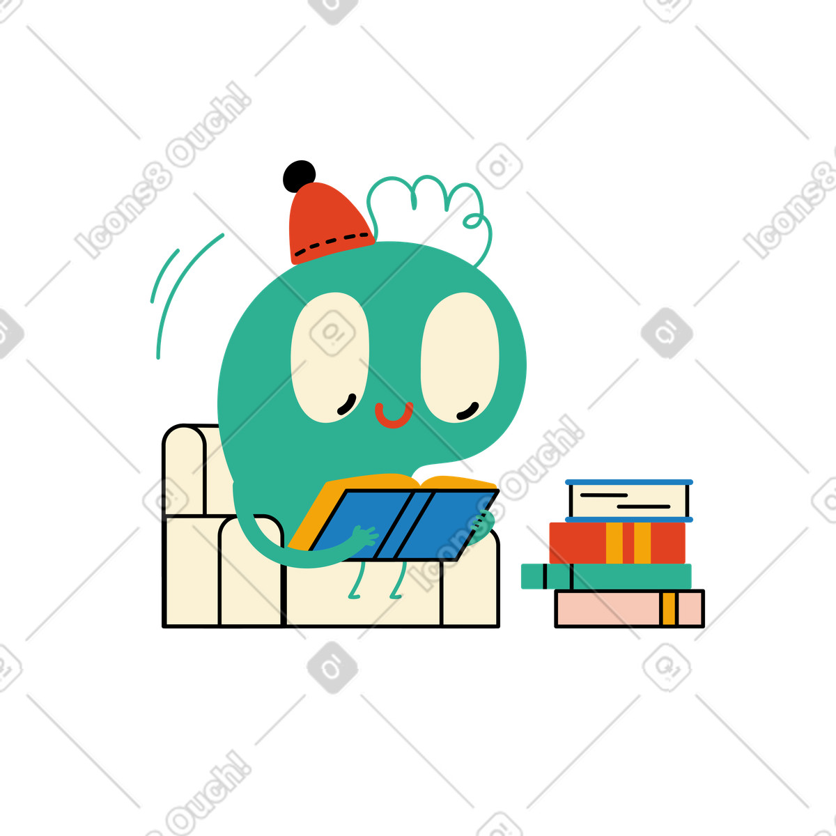 Illustration Monstre au chapeau lisant un livre dans le style Jelly à télécharger aux formats PNG, SVG
