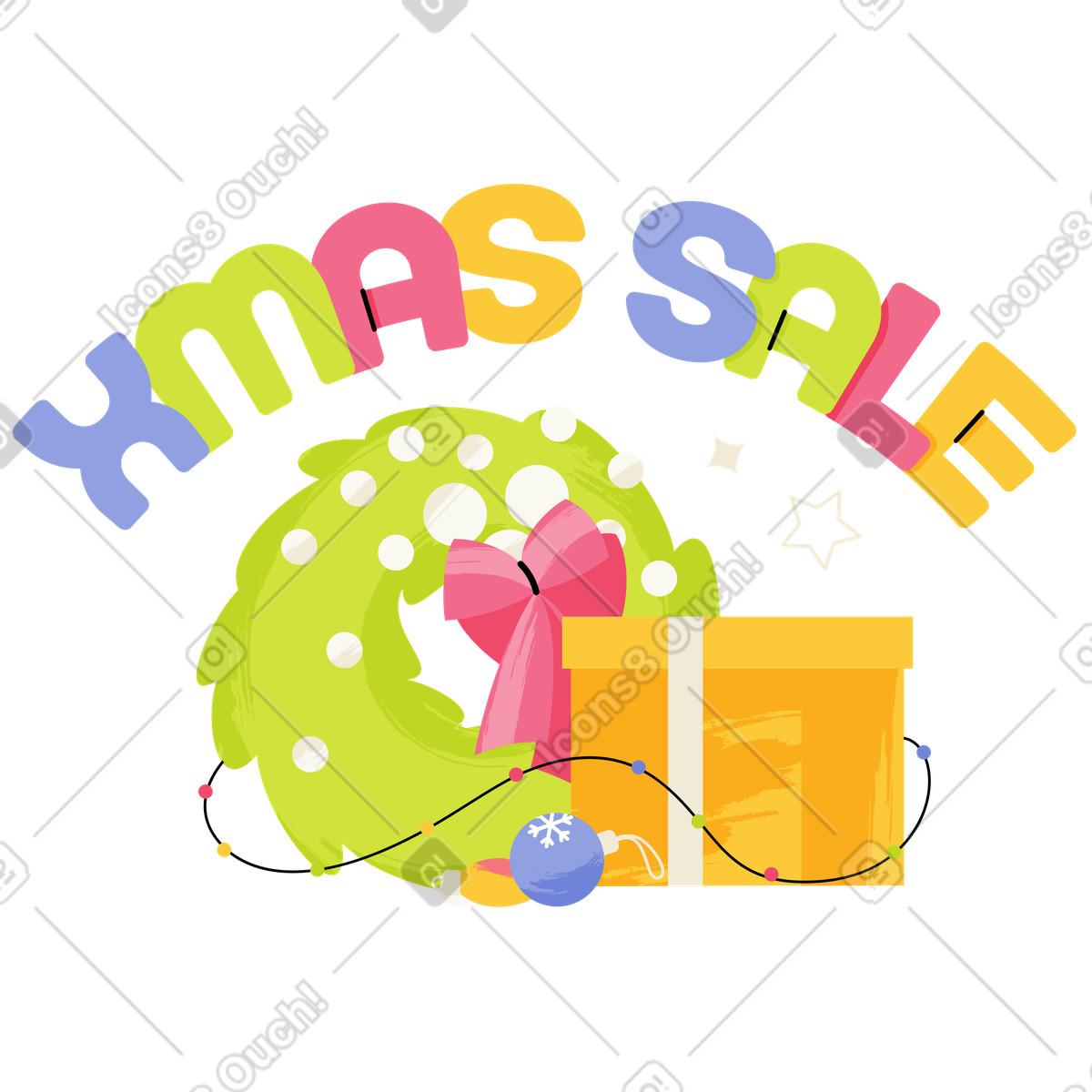Festive xmas sale sign with wreath and present, Seasonal advertising marketing illustration in Juicy style download in PNG, SVG