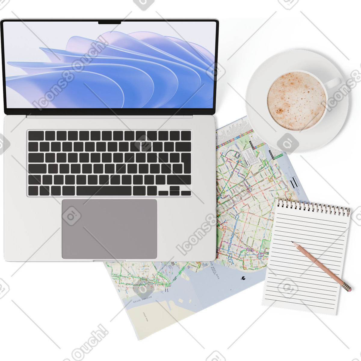 Vista dall'alto di mappa, laptop, notebook, tazza caffè illustrazione in stile 3D Hygge scarica in PNG, SVG