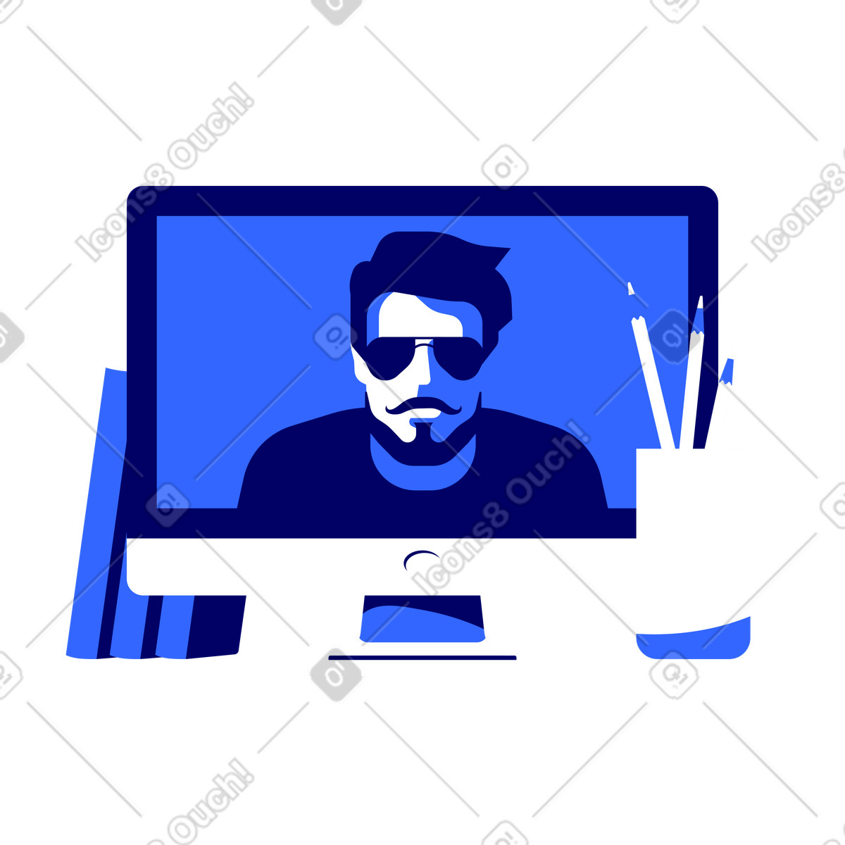 Ilustração de Monitor com tela reunião zoom, três livros e copo lápis na mesa em no estilo Lounge para baixar em PNG, SVG