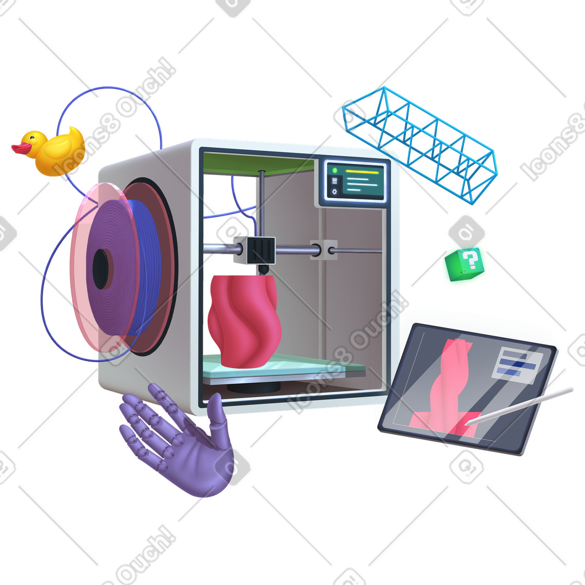 Illustration Creative product creation with 3D printer, Digital modeling and additive manufacturing dans le style Props à télécharger aux formats PNG, SVG