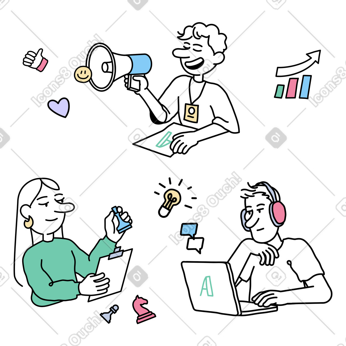 Group of colleagues engaged in product management illustration Notes style download PNG, SVG