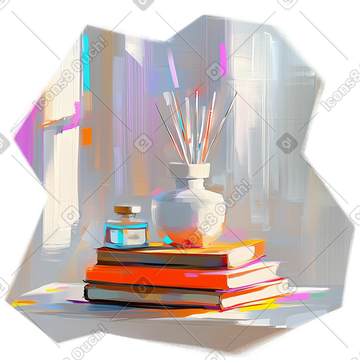 Oil painting of a stack of books illustration with fragrance sticks clipart in PNG SVG