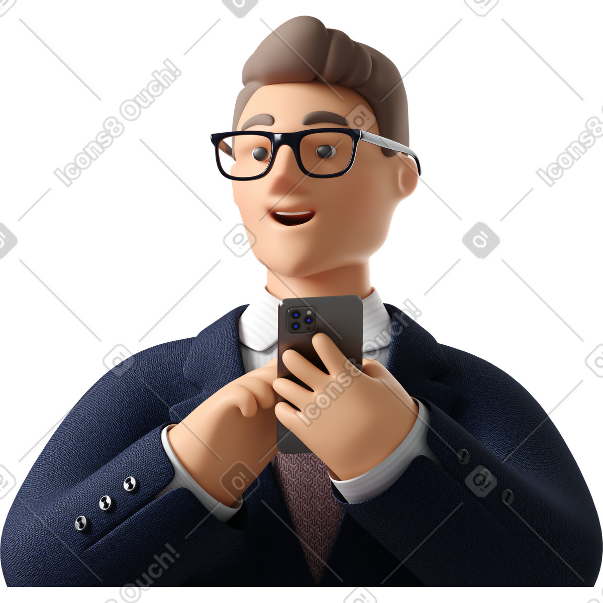 Illustration Close up of businessman in dark blue suit with phone looking aside dans le style 3D Business à télécharger aux formats PNG, SVG