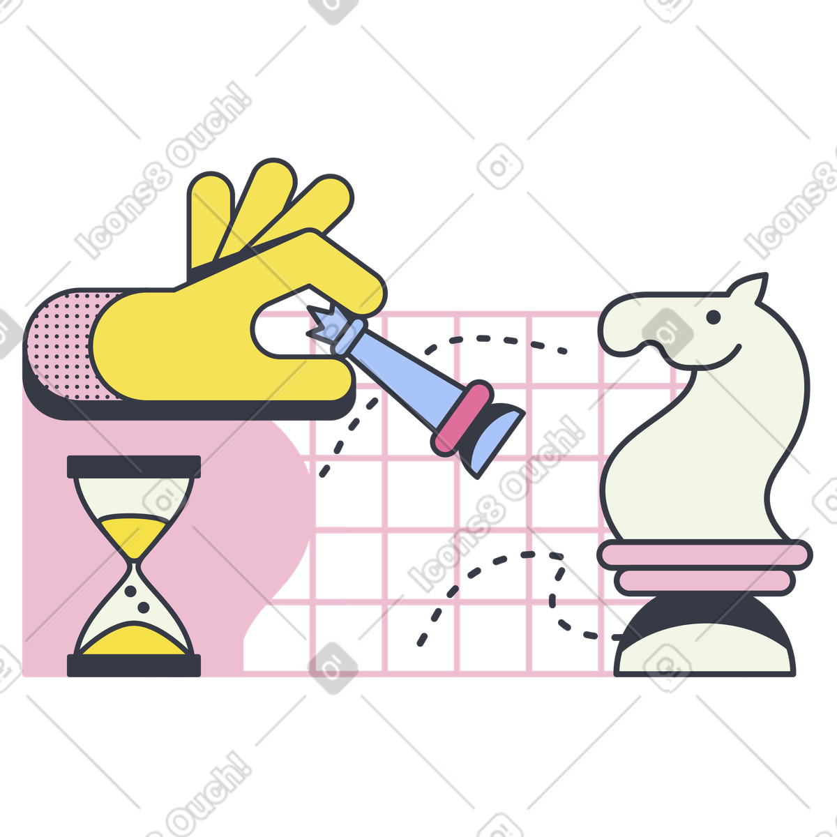 Hand moving chess piece on board, Strategic thinking and decision making illustration in Abstract style download in PNG, SVG