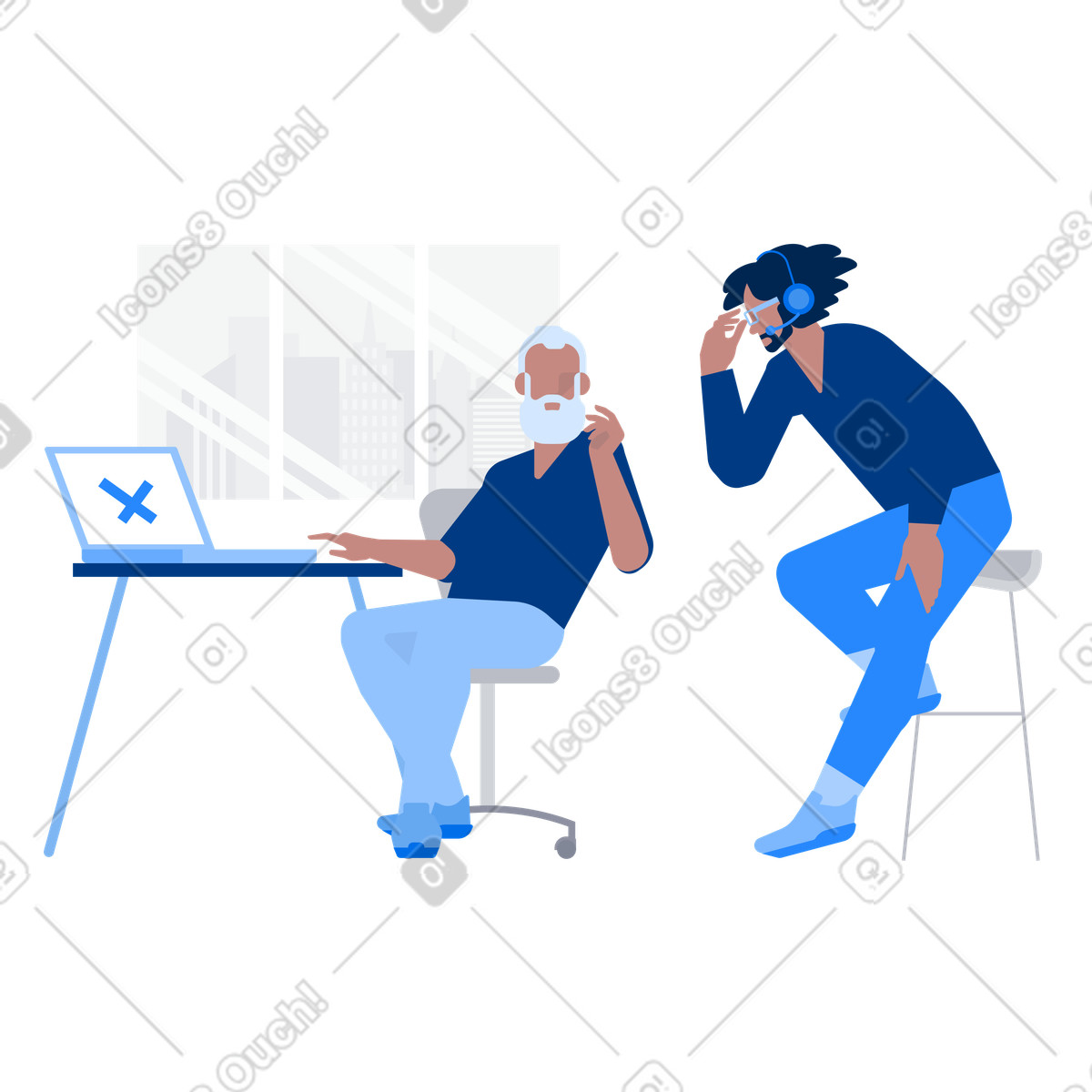 Technical support agent helping customer remotely, computer troubleshooting scene illustration in PNG, SVG