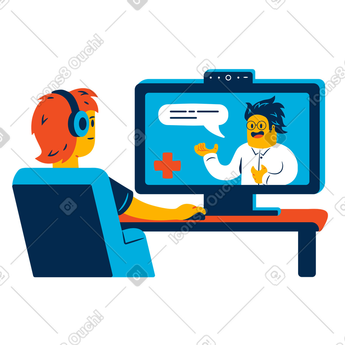 Man communicates with a doctor using computer online illustration in Flame style download in PNG, SVG