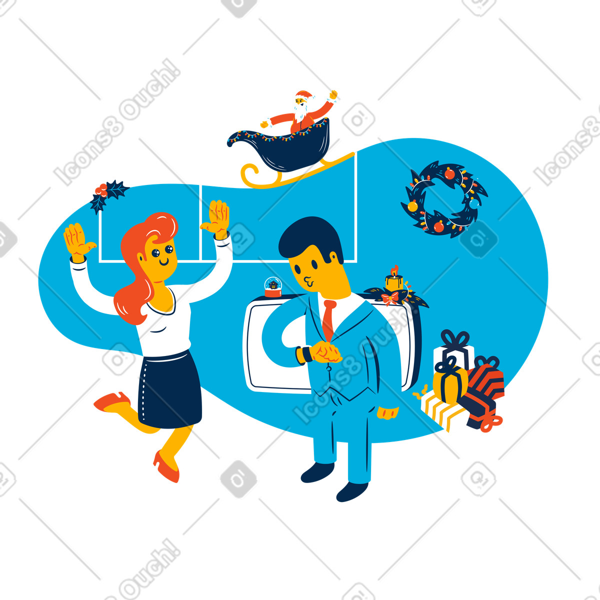 Colleagues celebrating in a festive environment illustration with wreath gifts clipart
