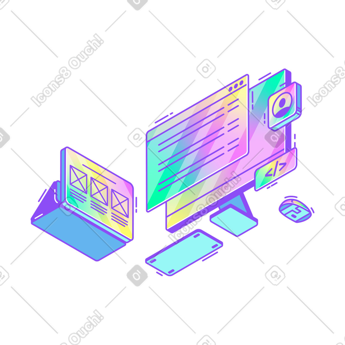 Isometric screens with code editor and wireframes, Programming and web development illustration in PNG, SVG