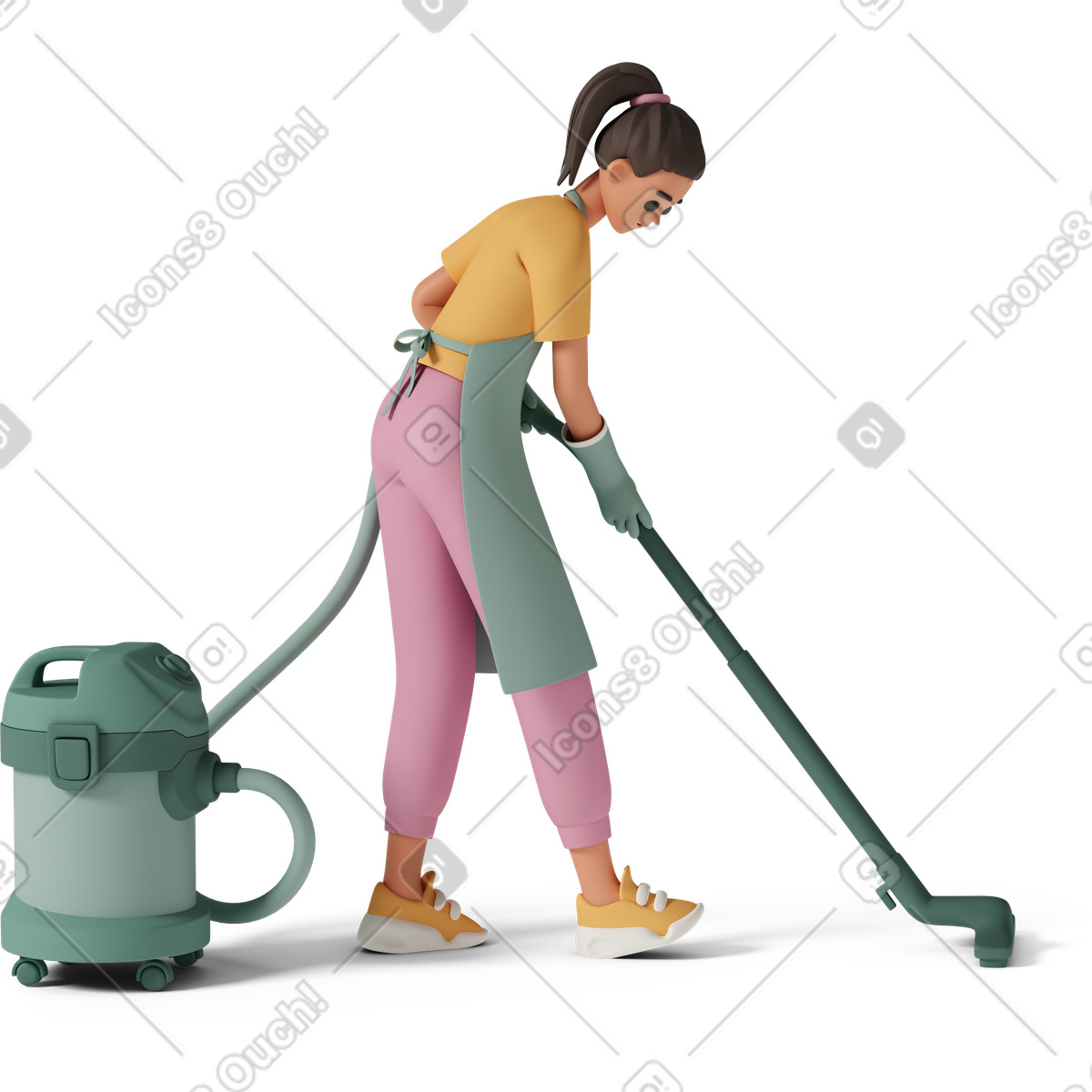 Cleaner in apron vacuuming floor, household chores and maintenance, professional cleaning business illustration 3D Casual life style download PNG, SVG